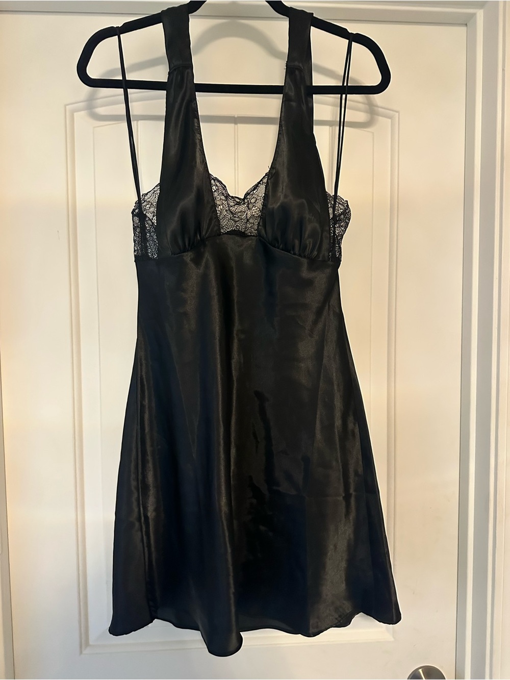 Frederick's of Hollywood Black Satin Lace-Trim Chemise